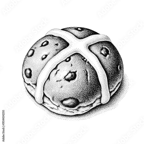 Detailed stippled illustration of a single hot cross bun with a white cross on top