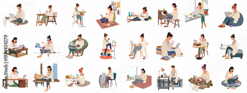 Remote Work & Cozy Lifestyle: Diverse Women Using Laptops in Various Comfortable Home Settings with Coffee and Tea