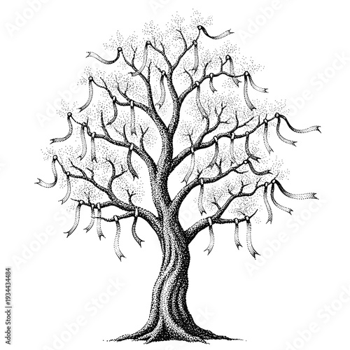 Whimsical stippled tree adorned with numerous flowing ribbons on its branches