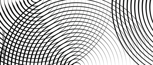 Gradient transition lattice. Radial intersecting halftone stripes, black and white vector background. Rounded slanted monochrome background with a fading effect. Abstract rhythmic geometric grid 