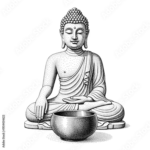 Meditating Buddha statue in traditional robes with alms bowl, stippled illustration