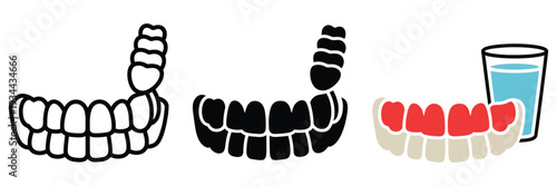 Editable stroke dentures icon set, linear vector graphics representing artificial teeth and prosthetic solutions, clean line style for dentistry, orthodontics, and stomatology illustrations.