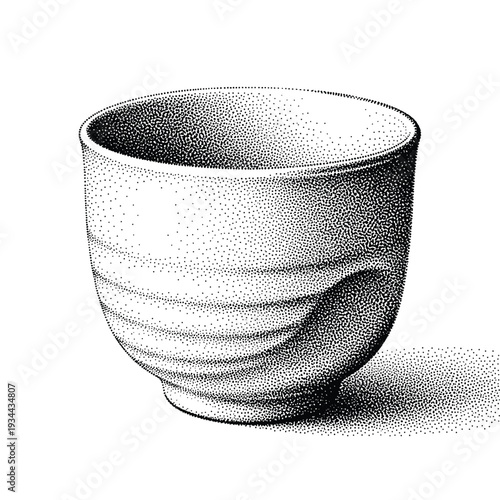Stippled illustration of a ceramic tea bowl with a textured surface and cast shadow
