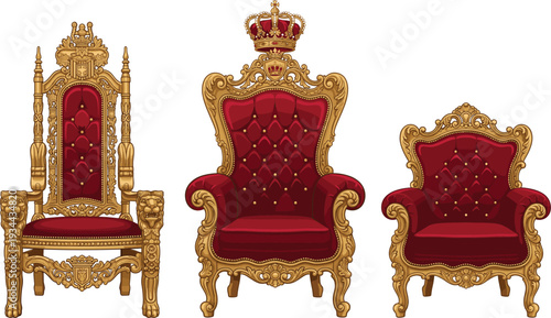 Luxury royal throne chairs set, golden baroque armchairs with red velvet upholstery and crown vector illustration