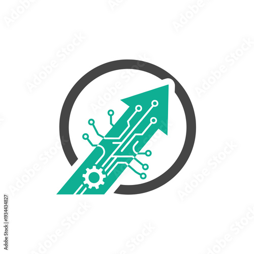 A teal circuit board arrow pointing upwards, integrated with a gear, all enclosed within a dark grey circle, symbolizing technological growth and progress.