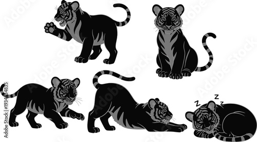 Black tiger cub silhouette set, cute baby tiger cartoon characters playing stretching sitting and sleeping isolated on white background