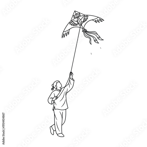 Person flying a traditional bird-shaped kite on a white background, line art style