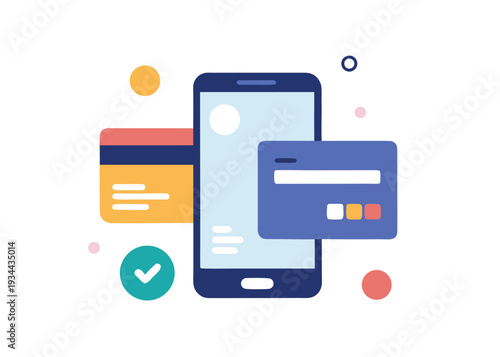 Digital payment illustration with credit cards and smartphone isolated on white background, Vector