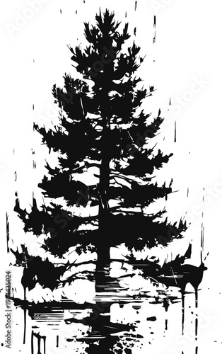 black ink silhouette of a pine tree with artistic splatter effect and grunge texture background