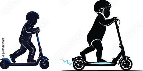 Two, children, riding, electric, scooters, in, safety, helmets, vector, illustration, showing, eco, friendly, urban, transportation, concept, isolated, on, white, background