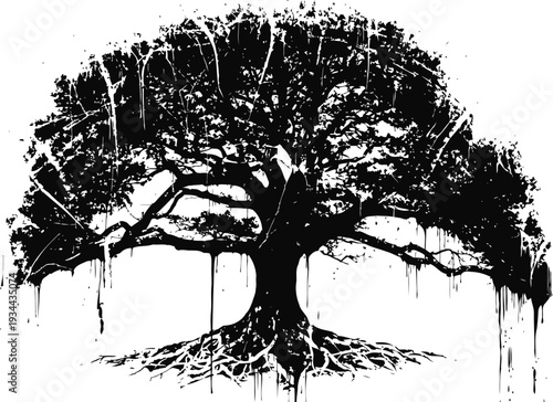 Black silhouette of a large oak tree with sprawling branches and roots, artistic tree illustration