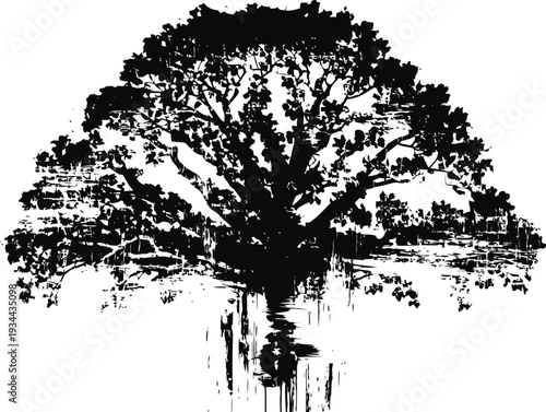 Black silhouette of a large spreading tree with dense foliage and exposed roots, isolated on white