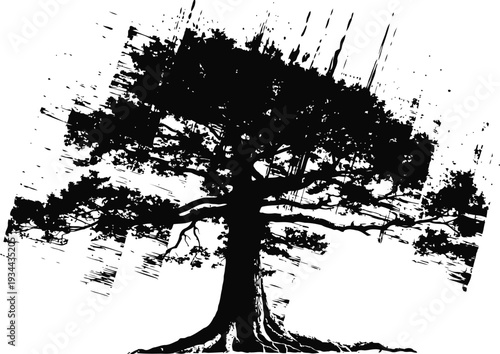 grunge silhouette of a large tree with spreading branches and roots in black and white