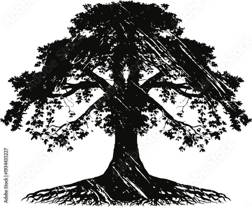 Majestic tree silhouette with detailed roots and branches, nature symbol of strength and growth