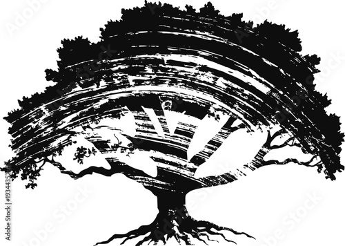 Stylized black and white tree with thick branches and textured circular canopy silhouette