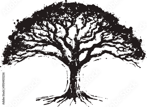 Majestic tree with spreading branches and roots silhouette isolated on white background