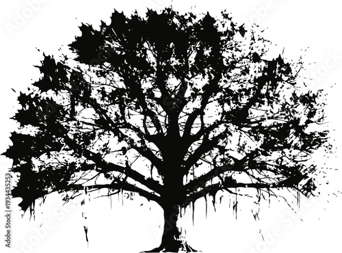 Large silhouette of a sprawling tree with detailed branches and leaves on white background