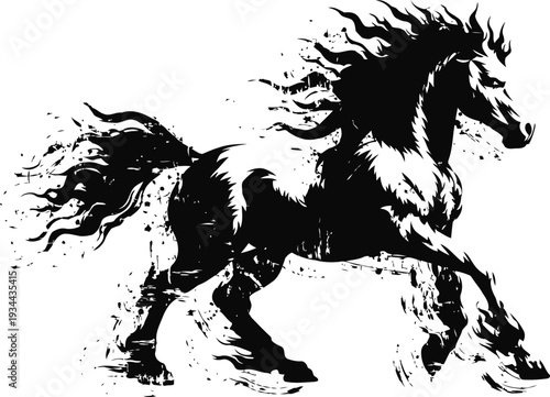 Black horse silhouette galloping with flowing mane and tail dynamic motion illustration