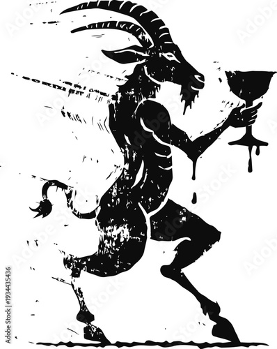 Black goat silhouette holding a cup, abstract mystical figure with horns and tail