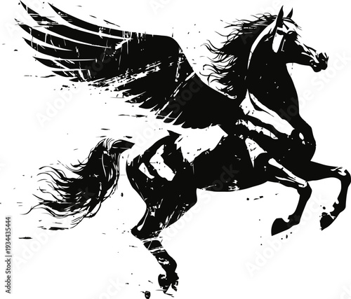 black pegasus silhouette with wings spread wide, majestic mythical horse flying