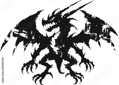 Silhouette of fierce dragon with wings spread wide in dynamic aggressive posture