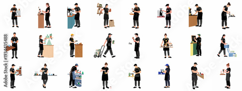 Diverse Baristas and Coffee Shop Staff Performing Daily Tasks, from Brewing to Customer Service and Inventory Management in a Cafe Setting.