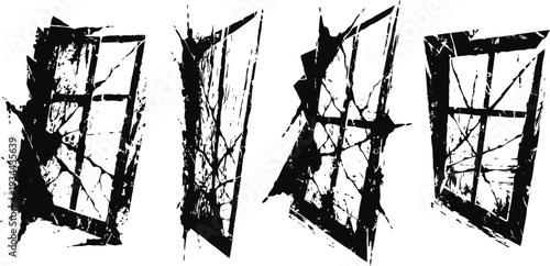 Abstract black grunge windows silhouettes set with scratched texture and rough edges
