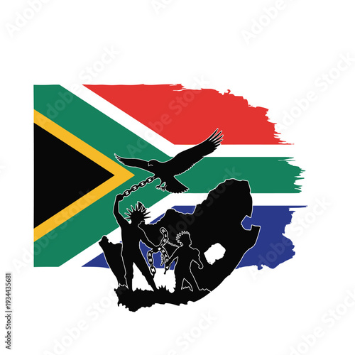 South African flag with silhouettes of people breaking chains and an eagle overhead