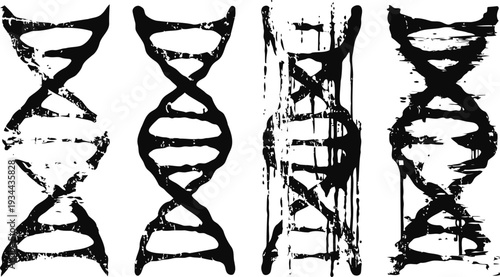 Abstract dna strands grunge illustration in black ink genetic helix symbols with rough texture