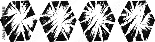 black and white abstract geometric hexagons with radial burst and textured splatter designs