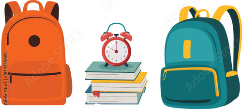 Colorful school backpacks with books and alarm clock illustration representing education supplies, student learning, back to school concept and academic lifestyle design