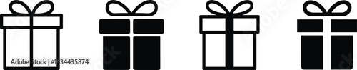Black and White Icons of Gift Boxes with Ribbons on White Background present symbol
