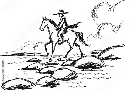 Cowboy on horse crossing rocky river with flowing water outdoors, western wild west scene
