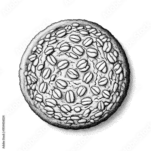 Detailed stippled illustration of a single oatmeal raisin cookie on a white background