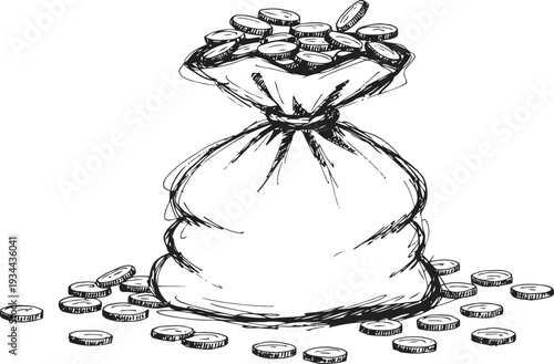 Drawn bag filled with coins spilling over money savings wealth finance concept