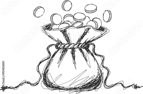 Money bag spilling coins hand drawn sketch of cash sack with falling currency finance, wealth, savings concept