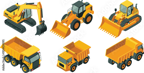 Construction machinery vector set including excavator, bulldozer, loader and dump trucks, heavy equipment collection for industrial, engineering, building and transport design projects