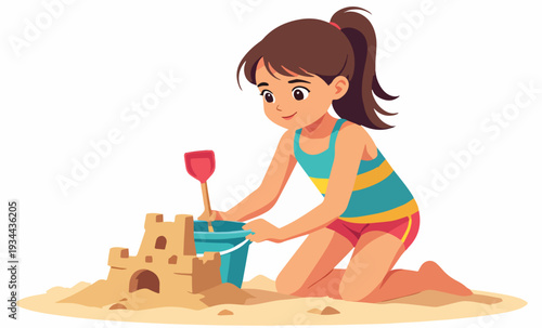 bambina sulla sabbia mentre costruisce un castello e gioca in riva al mare estate in costume da bagno vettoriale 