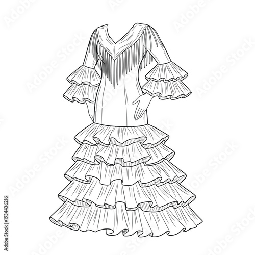 Elegant flamenco dress illustration with ruffles and fringe detail, black and white sketch
