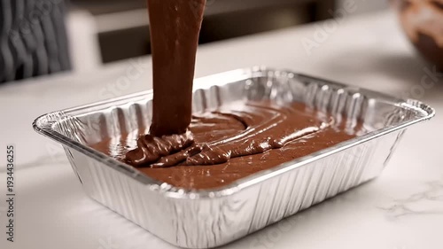 Pouring rich chocolate batter into a foil baking tin for homemade desserts