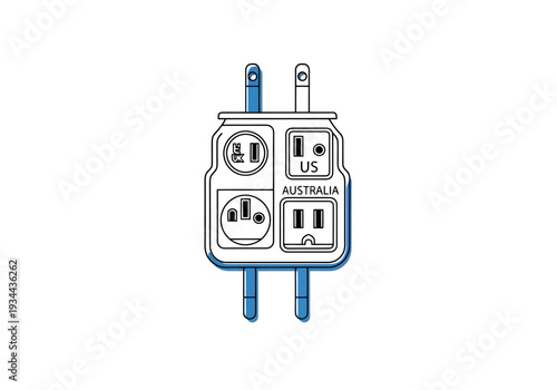 Universal Travel Adapter For Global Power Outlets And Plugs Showing Different Socket Types Including USA And Australia On White Background