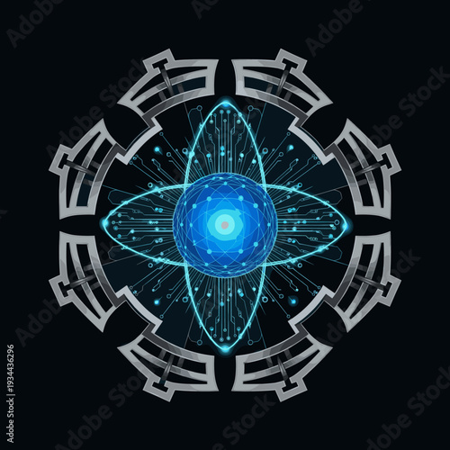 Wallpaper Mural Abstract futuristic glowing blue energy core with intricate circuitry and geometric metallic structure on a black background, symbolizing advanced technology. Torontodigital.ca