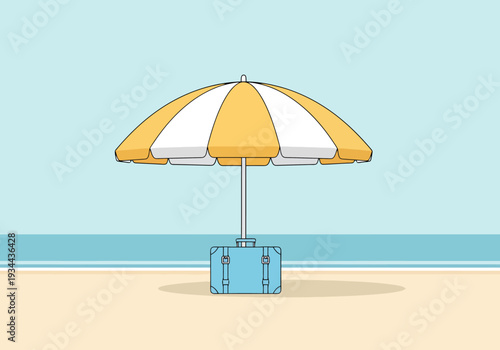 Beach Vacation Scene with Suitcase Under Umbrella and Calm Ocean Horizon Perfect for Travel and Summer Holiday Promotion