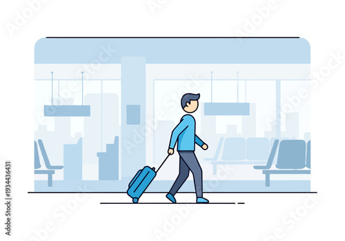 Person Walking With Wheeled Suitcase Inside Modern Terminal Building With Rows Of Seating In Background