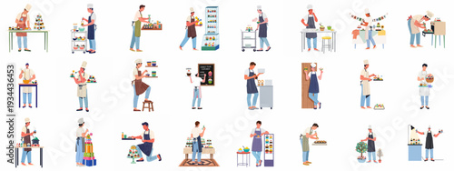 Bakers and pastry chefs preparing and decorating a variety of sweet treats and gourmet cupcakes, showcasing diverse baking processes and festive dessert presentations.