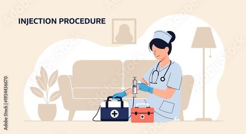 Nurse Administering Injection Procedure with Medical Kit and IV Drip Setup