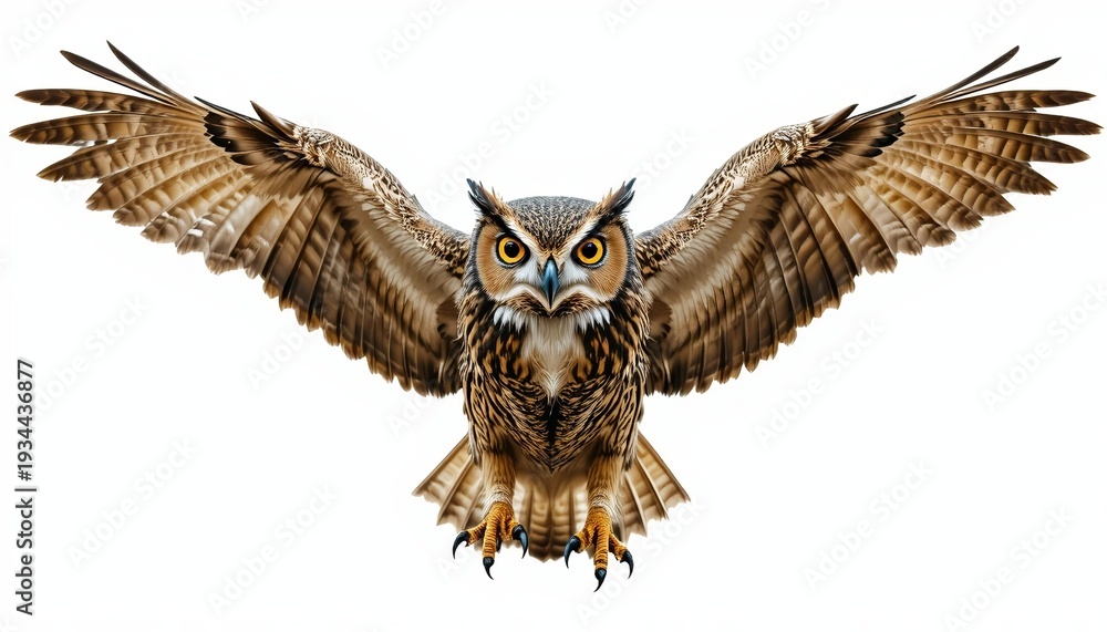 Obraz premium Front view of a great horned owl flying with wings fully spread, sharp talons forward, detailed feathers, intense yellow eyes, isolated on transparent background, high clarity, realistic wildlife imag