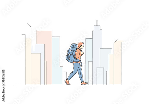 Person Carrying Backpack Walking Past Urban Cityscape Buildings Modern Architecture Skyline Minimalist Design Style