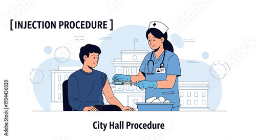 Nurse Administering Injection to Patient at City Hall, Healthcare Illustration