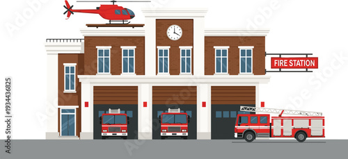 Fire Station Building with Fire Trucks, Helicopter, and Emergency Response Equipment in Modern Illustration